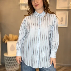 Camicia over celeste righe cioccolato
