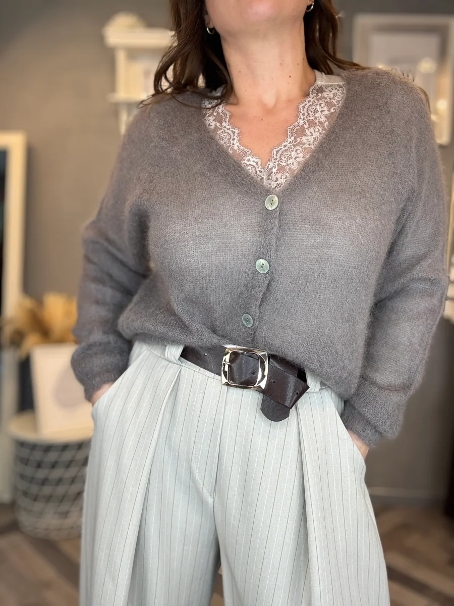 Cardigan in kid mohair tortora - immagine 3