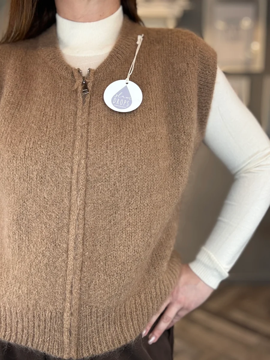 Gilet in maglia con zip camel - immagine 4